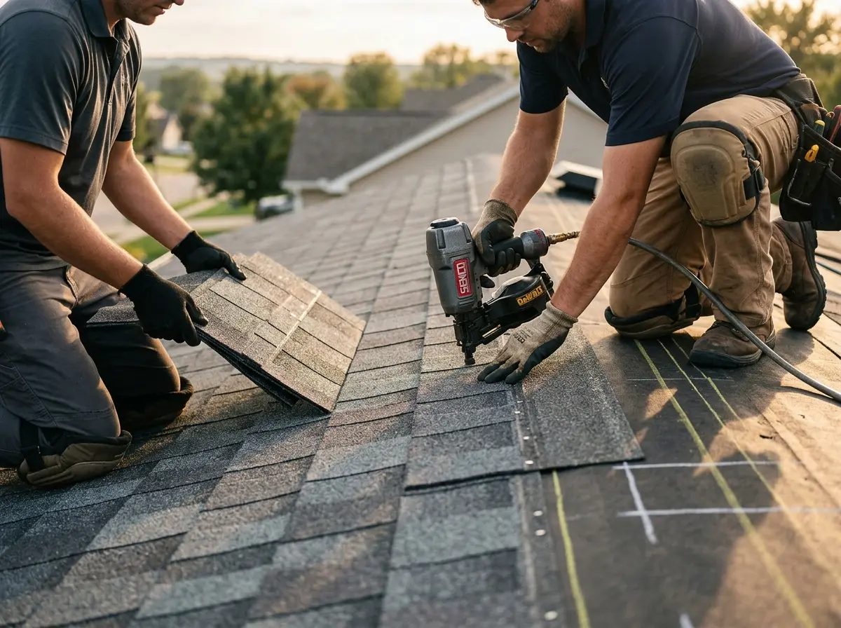 Professional roofer working on a residential roof in Boaz